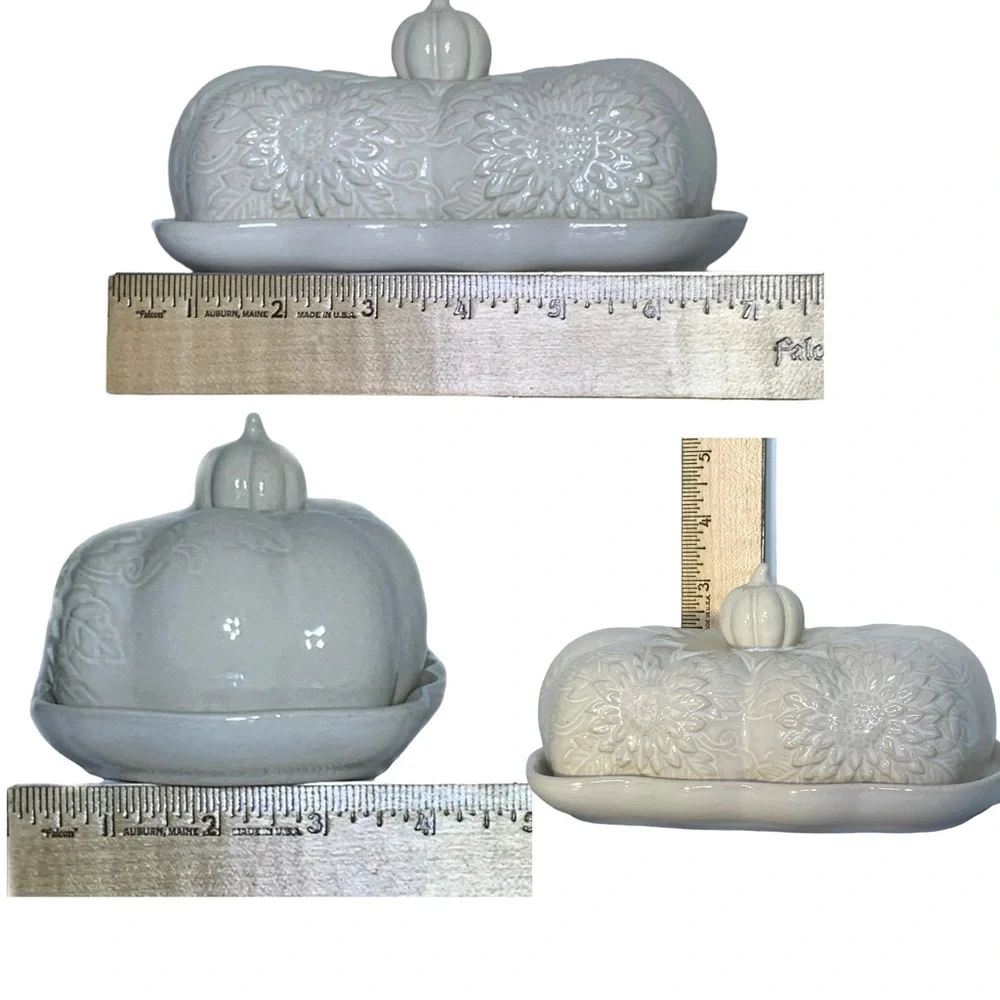 Harvest Covered Butter Dish With Lid Large Ceramic Sunflower Pumpkin White Cream